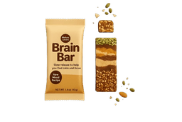 Brain Bar brown packaging with P and A badges
