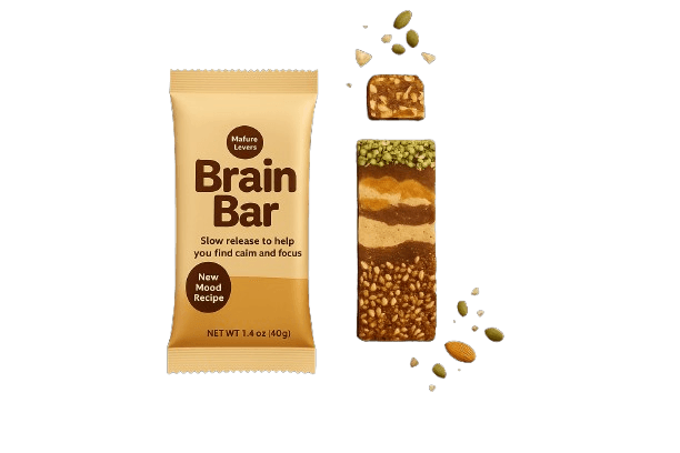 Brain Bar brown packaging with P and A badges